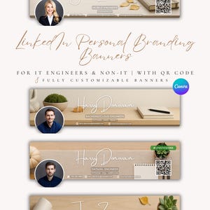 Op de afbeelding: LinkedIn personal branding banners voor IT-engineers en niet-IT-professionals. De banners bevatten foto's, namen, functietitels en contactgegevens. Elke banner bevat een QR-code en de tekst "#OPENTOWORK".