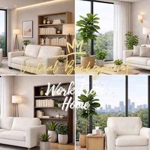 Può includere: Una collezione di scene di interior design con divani bianchi, poltrone, librerie e piante in vaso. Le scene sono ambientate davanti a grandi finestre con vista sulla città. Le sovrapposizioni di testo recitano "Virtual Background" e "Work From Home".