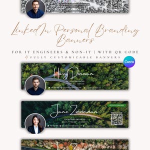May include: A collection of four LinkedIn personal branding banners. Each banner features a professional headshot, name, job title, and contact information. The banners are designed for IT engineers and non-IT professionals, with a QR code and the text "#OPENTOWORK".