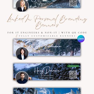 Op de afbeelding: Een verzameling LinkedIn-banners voor persoonlijke branding met professionele portretten en besneeuwde berglandschappen. De banners bevatten namen, functietitels en contactgegevens, samen met een QR-code en de tekst "#OPENTOWORK". De tekst "Linked In Personal Branding Banners" is ook aanwezig.