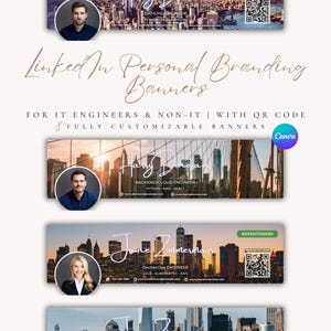 Könnte beinhalten: Eine Sammlung von LinkedIn-Bannern für das persönliche Branding mit Stadtlandschaften und professionellen Porträts. Die Banner sind für IT-Ingenieure und Nicht-IT-Fachleute konzipiert, mit QR-Codes und anpassbaren Optionen. Der Text enthält "#OPENTOWORK".