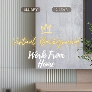 May include: Image with text that reads "Virtual Background Work From Home." The text is in a gold and white color scheme. The background is a blurred vertical striped wall. A plant in a gold vase is on the right.