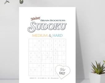 Może przedstawiać: Biała okładka książki z łamigłówkami Sudoku zatytułowana 30day BRAIN BOOSTERS SUDOKU. Tekst MEDIUM & HARD znajduje się nad siatką z liczbami. Grafika w kształcie serca w prawym dolnym rogu zawiera tekst Vol 007. Dolny tekst brzmi MEDIUM (01 - 15) & HARD (16 - 30) | 15 puzzles each.