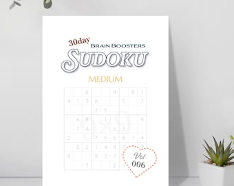 Op de afbeelding: Een witte Sudoku-puzzelpagina met de titel 30day BRAIN BOOSTERS SUDOKU MEDIUM. Het raster bevat cijfers en een vaag 9x9 watermerk. Een hartvormige omtrek in de rechterbenedenhoek bevat de tekst Vol 006 in een donkergrijze kleur.
