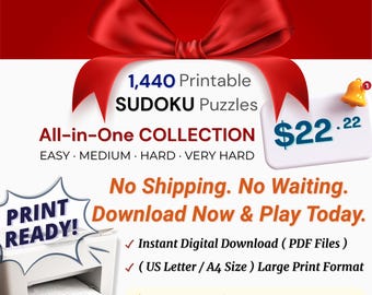 Conjunto completo de Sudokus (de FÁCIL a MUY DIFÍCIL) / 1440 rompecabezas / Tamaño A4 / Colección completa de libros de Sudokus / Descarga digital / Plantilla