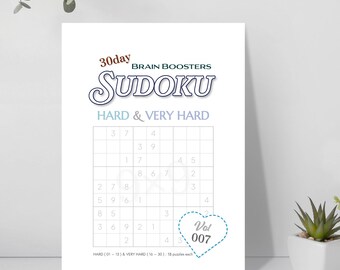 Może przedstawiać: Biała okładka książki z łamigłówkami Sudoku zatytułowana 30day BRAIN BOOSTERS SUDOKU HARD & VERY HARD. Strona zawiera siatkę z liczbami, grafikę w kształcie serca z tekstem Vol 007 oraz dolny tekst: HARD (01-15) & VERY HARD (16-30) | 15 puzzles each.