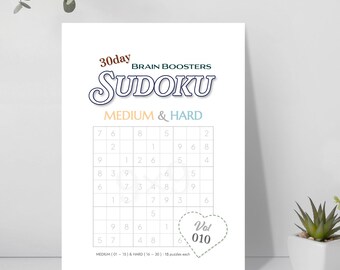 Może przedstawiać: Biała karta z łamigłówką Sudoku z tekstem "30 day Brain Boosters Sudoku Medium & Hard". Siatka łamigłówki jest wypełniona liczbami. Grafika w kształcie serca z napisem "Vol 010" znajduje się w prawym dolnym rogu.