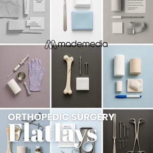 Op de afbeelding: Een platte lay-out van medische benodigdheden en instrumenten, waaronder een scalpel, verband en chirurgische instrumenten. De afbeelding bevat de tekst "ORTHOPEDIC SURGERY Flatlays". De compositie bevat elementen voor postoperatieve zorg.