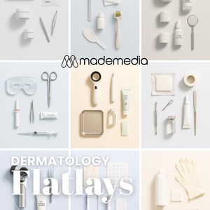 May include: A collection of dermatology tools and skincare products arranged in a flatlay style. Items include jars, bottles, tweezers, a magnifying glass, and a surgical blade. The word "Dermatology" and "Flatlays" are displayed in the image.
