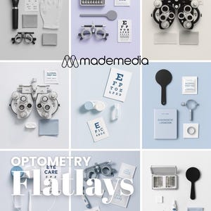 Könnte beinhalten: Eine Draufsicht auf optometrische Werkzeuge und Zubehör, darunter Sehtafeln, Messbrillen und ein Ophthalmoskop. Das Bild zeigt verschiedene medizinische Geräte wie Alkoholtupfer, Kontaktlinsenbehälter und ein Diagnosebuch. Der Text "OPTOMETRY Flatlays" ist ebenfalls sichtbar.