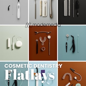Cosmetische tandheelkunde platliggend pakket – 10 schone, esthetische tandheelkundige afbeeldingen voor IG en Pinterest