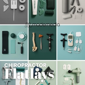 May include: A collection of chiropractic tools and accessories, including a TENS unit, massage tools, Gua Sha stones, and a model spine, arranged in a flat lay style. The image features a variety of colors, including gray, green, and white.