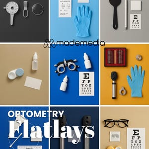 Puede incluir: Una composición de herramientas y suministros de optometría en una disposición plana. Incluye tablas optométricas, gafas, estuches de lentes de contacto, gotas para los ojos y otros instrumentos médicos. Las palabras "OPTOMETRY" y "Flatlays" están en la imagen.