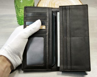 Handmade Leather Long Wallet • Vintage Crazy Horse Leather Wallet • Travel Clutch Wallet • Gift for Men & Women • Slim Phone Wallet