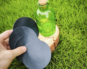 Handmade Leather Coasters- 4" Round Set Wedding Gift, Man Cave, Bar Decor, Housewarming, Gifts for Men - Genuine Leather Drink Coasters.
