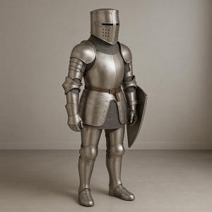 May include: A full suit of medieval armor, including a helmet with eye slits, chest and arm plates, leg armor, and a shield. The silver-colored armor is complete with a chainmail shirt and a brown belt. The suit is standing upright.