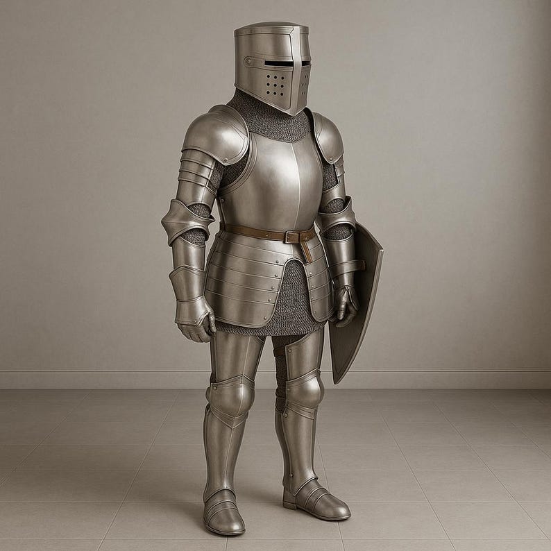 May include: A full suit of medieval armor, including a helmet with eye slits, chest and arm plates, leg armor, and a shield. The silver-colored armor is complete with a chainmail shirt and a brown belt. The suit is standing upright.