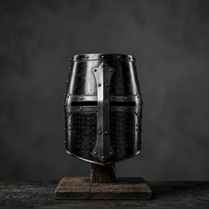 May include: A black, medieval helmet with a cross design, displayed on a wooden stand. The helmet's dark colour and riveted construction are prominent. The design evokes historical themes of protection and craftsmanship, with a focus on detail.