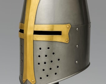 Medieval Crusader Helm | Steel Knight Templar Armor Helmet, Brass Cross Faceplate