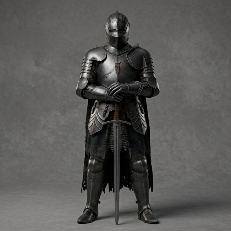 Gothic Knight Armor Full Suit – Blackened Steel Plate, Chainmail, LARP ...