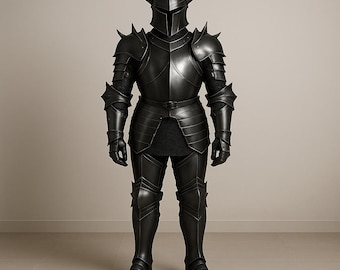 May include: A full suit of black armor, including a helmet with curved horns, shoulder guards, and leg protection. The armor is detailed with sharp edges and a belt. The suit is standing upright.