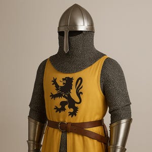 May include: A medieval knight's armor set, featuring a silver helmet, chainmail, and a yellow tunic with a black lion emblem. The set includes metal arm guards and a brown leather belt.
