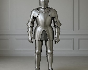 May include: A full suit of medieval armor, crafted from polished steel. The armor includes a helmet with eye slits, a chest plate, shoulder guards, arm and leg protection, and gauntlets. The suit is standing upright, showcasing its complete form.