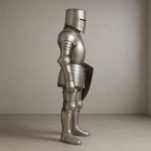 May include: A full suit of medieval knight armor, including a helmet, chest plate, arm and leg protection, and a small shield. The armor is silver-colored and appears to be made of metal. The suit is standing upright.