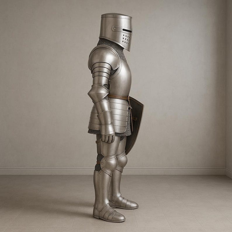 May include: A full suit of medieval knight armor, including a helmet, chest plate, arm and leg protection, and a small shield. The armor is silver-colored and appears to be made of metal. The suit is standing upright.