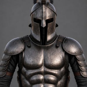 May include: A detailed image of a medieval-style suit of armor. The armor is a dark, metallic gray with visible rivets and a textured surface. The helmet features a distinctive T-shaped visor. The chest plate is sculpted to resemble a muscular physique.