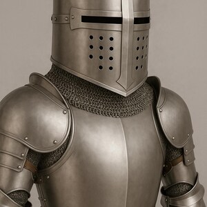 May include: A full suit of medieval armor, including a helmet with eye slits and ventilation holes, a chest plate, shoulder guards, and arm and leg protection. The armor is made of polished metal and includes a chainmail collar and a brown leather belt.