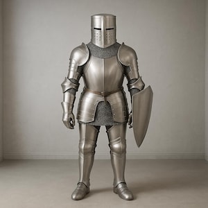 May include: Full suit of medieval armor in polished silver, including a helmet, chest plate, shoulder guards, arm and leg protection, and a shield. The armor is complete with chainmail and a brown belt.