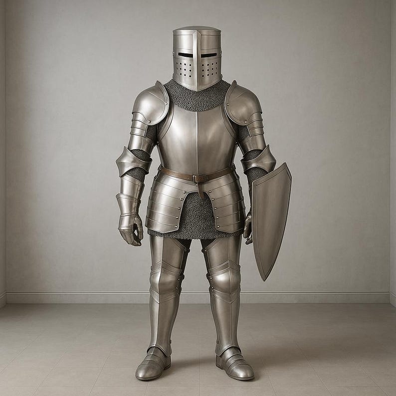 May include: Full suit of medieval armor in polished silver, including a helmet, chest plate, shoulder guards, arm and leg protection, and a shield. The armor is complete with chainmail and a brown belt.