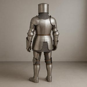 May include: A full suit of medieval armor, viewed from the back. The silver-colored armor includes a helmet, chest and back plates, shoulder guards, arm and leg protection, and gloves. Chainmail is visible at the neck and between the plates.
