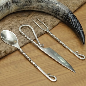 Hand-Forged Viking Cutlery Set | Medieval Knife, Spoon & Fork | Norse Feast Utensils | Polished Steel Camping Flatware