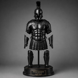 Könnte beinhalten: Eine schwarze römische Zenturio-Rüstung, einschließlich Helm, Brustpanzer, Armschützern und Beinschützern, auf einem Ständer ausgestellt. Die Rüstung ist mit modellierten Muskeln und einem plissierten Rock versehen. Die Basis lautet "Roman Centurion 1-II Century AD."