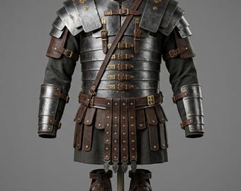 May include: A full suit of Roman armor, including a metal breastplate, shoulder guards, and arm guards. The armor is detailed with leather straps and bronze buckles. Brown leather skirt and sandals complete the ensemble. The armor is displayed on a stand.