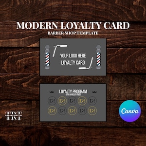 Può includere: Un modello moderno di carta fedeltà per barbiere con sfondo grigio scuro. La carta presenta una grafica a palo da barbiere e il testo "Il tuo logo qui" e "Carta fedeltà". La carta in basso mostra un programma fedeltà.