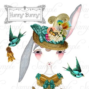 Easter Bunny Articulated Paper Doll * Victorian Fashion * Whimsical *Gift * Easter Decoration * Printable Collage Sheets * Instant Download