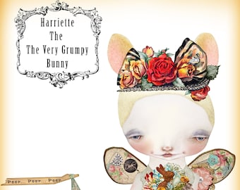 May include: A whimsical illustration of a white bunny with wings, wearing a floral crown and a dress, pulling a yellow chick in a wagon decorated with flowers. The text "Harriette The The Very Grumpy Bunny" is in a decorative frame at the top of the image. The text "Waifs N Whatnots" is at the bottom of the image.