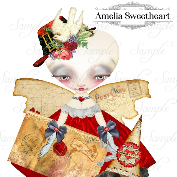 Valentine's Day Amelia Sweetheart Articulated Paper Doll*Whimsical Valentine Puppy Sweet Tart*2 Printable Collage Sheets*Digital Download