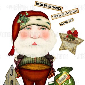 May include: A whimsical illustration of Santa Claus with a red hat, white beard, and a green and brown plaid vest. He is holding a bag of gifts and a carton of eggnog. The image also includes a wooden sign that says "JOY" and a star with the word "PEACE" on it. The text "BELIEVE IN SANTA", "LET'S BE MERRY", and "HO HO HO!" are also included in the image.