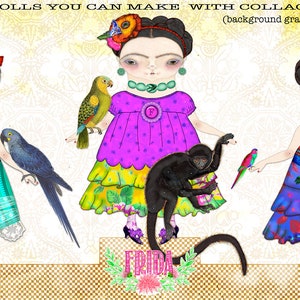 May include: Three paper dolls of Frida Kahlo, each wearing a different colourful dress and accessories. The dolls are holding various animals and birds, including a monkey, a parrot, and a toucan. The dolls are standing on a patterned background with the word "Frida" written in pink letters.