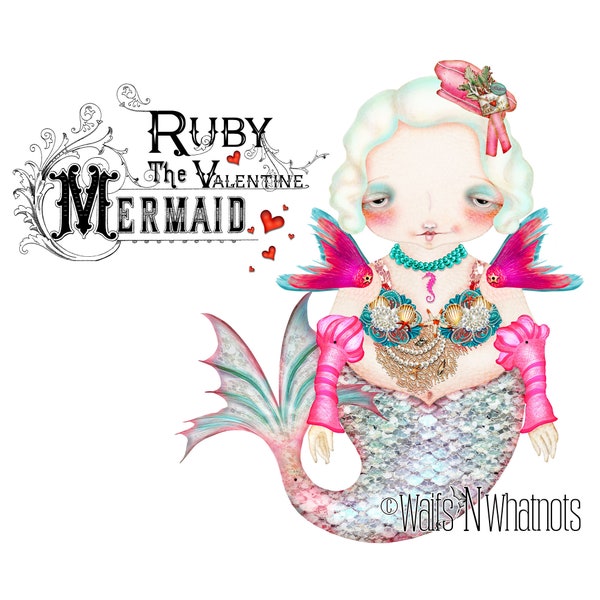 Ruby The Valentine Mermaid * Friendship Whimsical Articulated Paper Doll * 3 Printable Collage Sheets * Instant Download