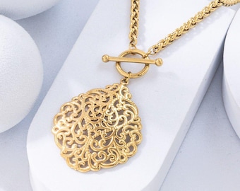 Ornate Stainless Steel Pendant Necklace – Women's Decorative Jewelry