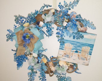 Blue Seashell Wreath, Beach Wreath, Ocean Wreath, Nautical Wreath, Teal Wreath, Blue Wreath,Coastal Wreath, Shell Wreath,  Beach Chairs sign