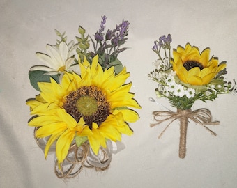 Sunflower Prom Flowers, Sunflower and Lavender Flower Set, Yellow Prom Flowers, Sunflower Bouquet, Sunflower Corsage, Sunflower Boutonniere