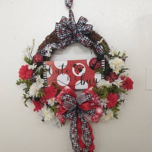 Corona de mariquita, corona de verano, corona roja y blanca, corona de margaritas, corona para todas las estaciones, corona para puerta, corona de primavera