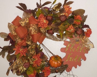 Fall Wreath, Autumn Wreath, Pumpkin Wreath, Fall Decor, Rustic Wreath,Halloween Decoration , Front Door Decor, Orange Wreath