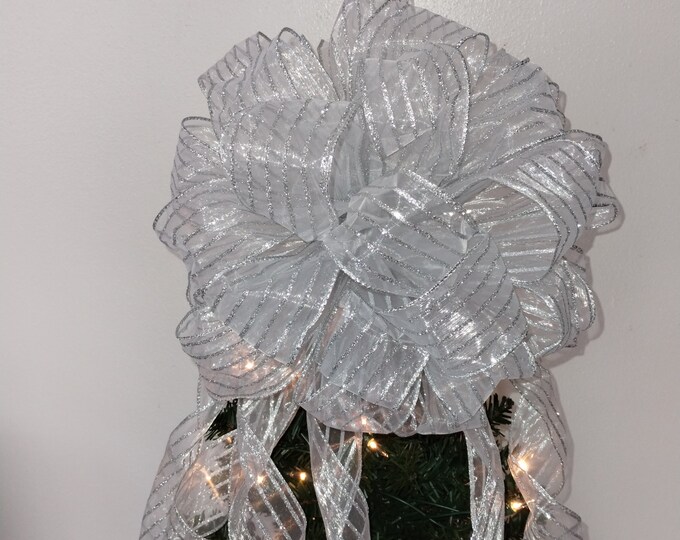 Large Christmas Bow, Tree Topper, Mailbox Bow, Wreath Bow, Silver Bow